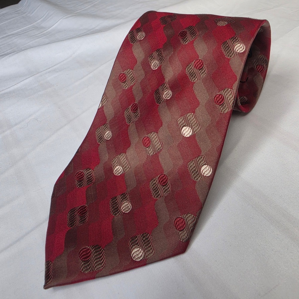 Farentino Ferre 100% Silk Tie Burgundy Brown Geometric Circles Hand Made Italy
